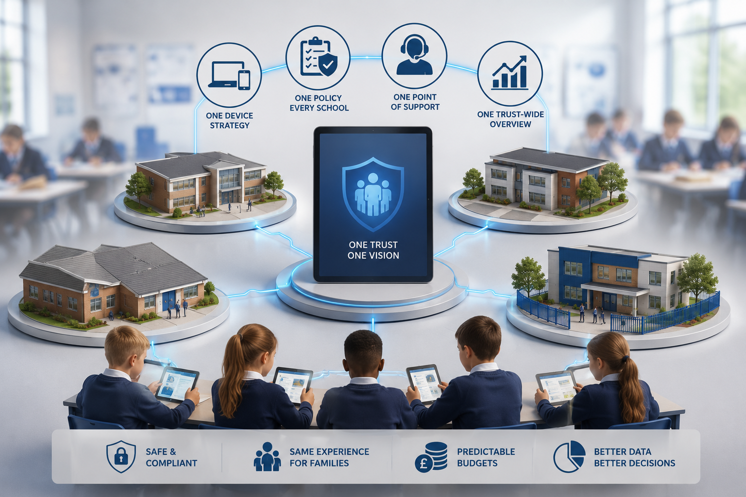Illustration showing how consistent technology structure supports schools across a Multi Academy Trust
