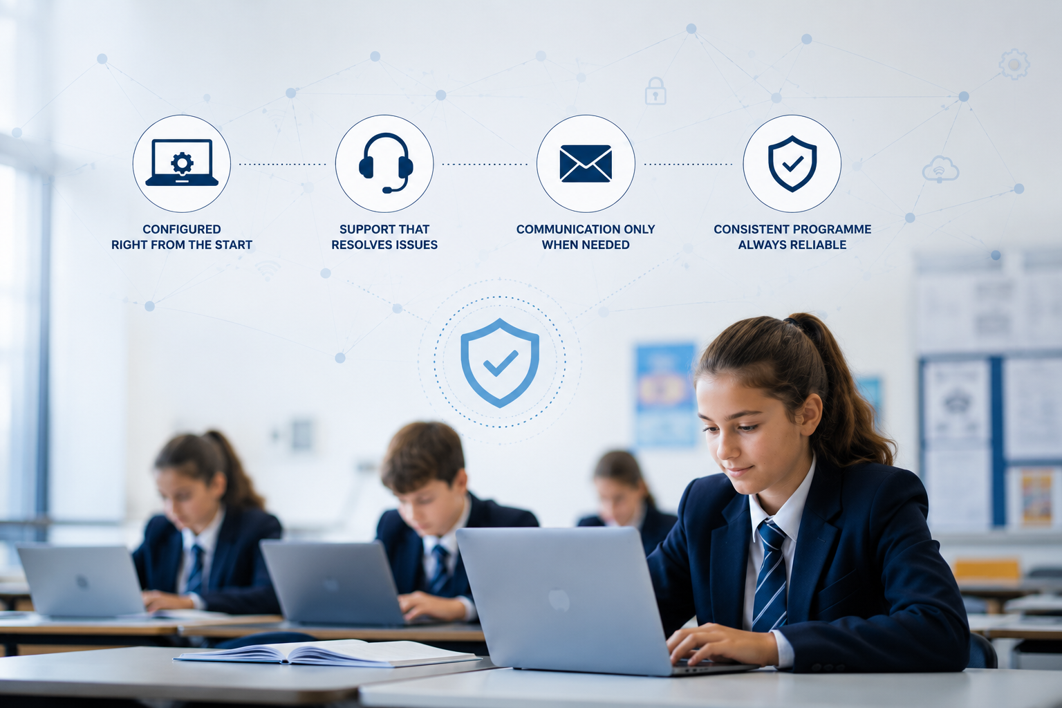 Illustration showing school technology working quietly in the background of classroom learning